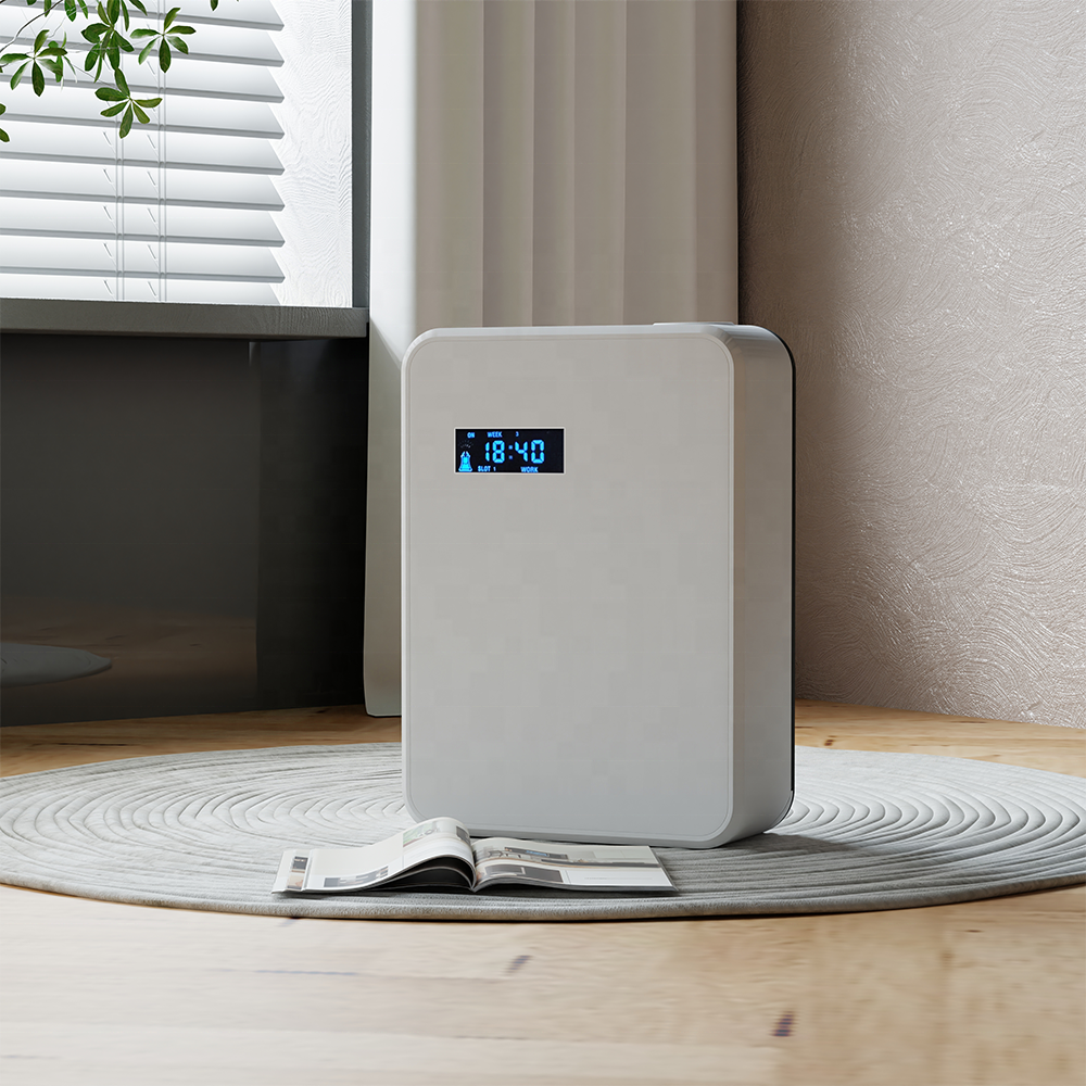 White Diffuser AE-500AF Aroma Oil Scent Diffuser Bluetooth.Top Dispensing. Desktop or Wall-mount, and HVAC Connection. Acrylic screen cover. Plastic housing.